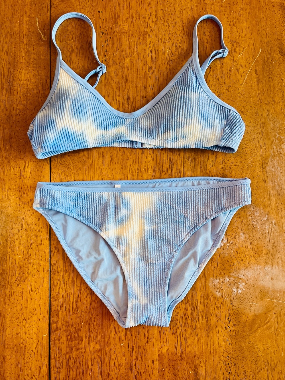 Aerie Ribbed Bikini Set in Blue & White Size Medium Bottoms, Size Large Top.